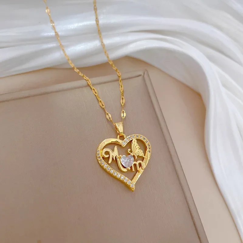 Gorgeous Mama Heart Shape Simple Copper Inlaid Zirconia Pendant Necklace Women Fashion Stainless Steel Chain Mother Day's Gift