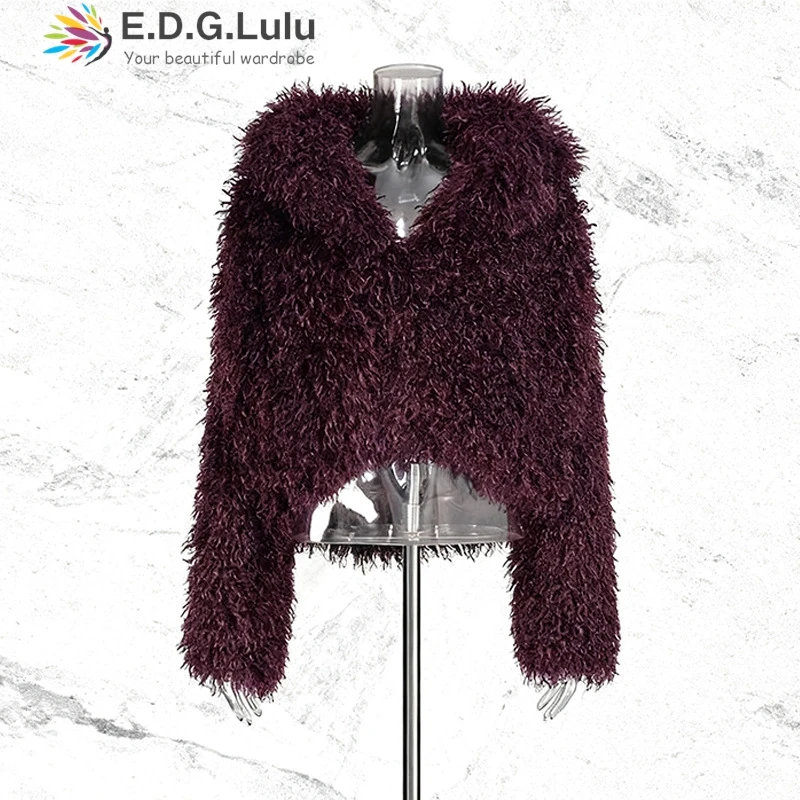 EDGLuLu Autumn Winter 2025 High Quality Synthetic Fur Jacket Coat Woman V-Neck Long Sleeved Elegant Fur Coat 1205