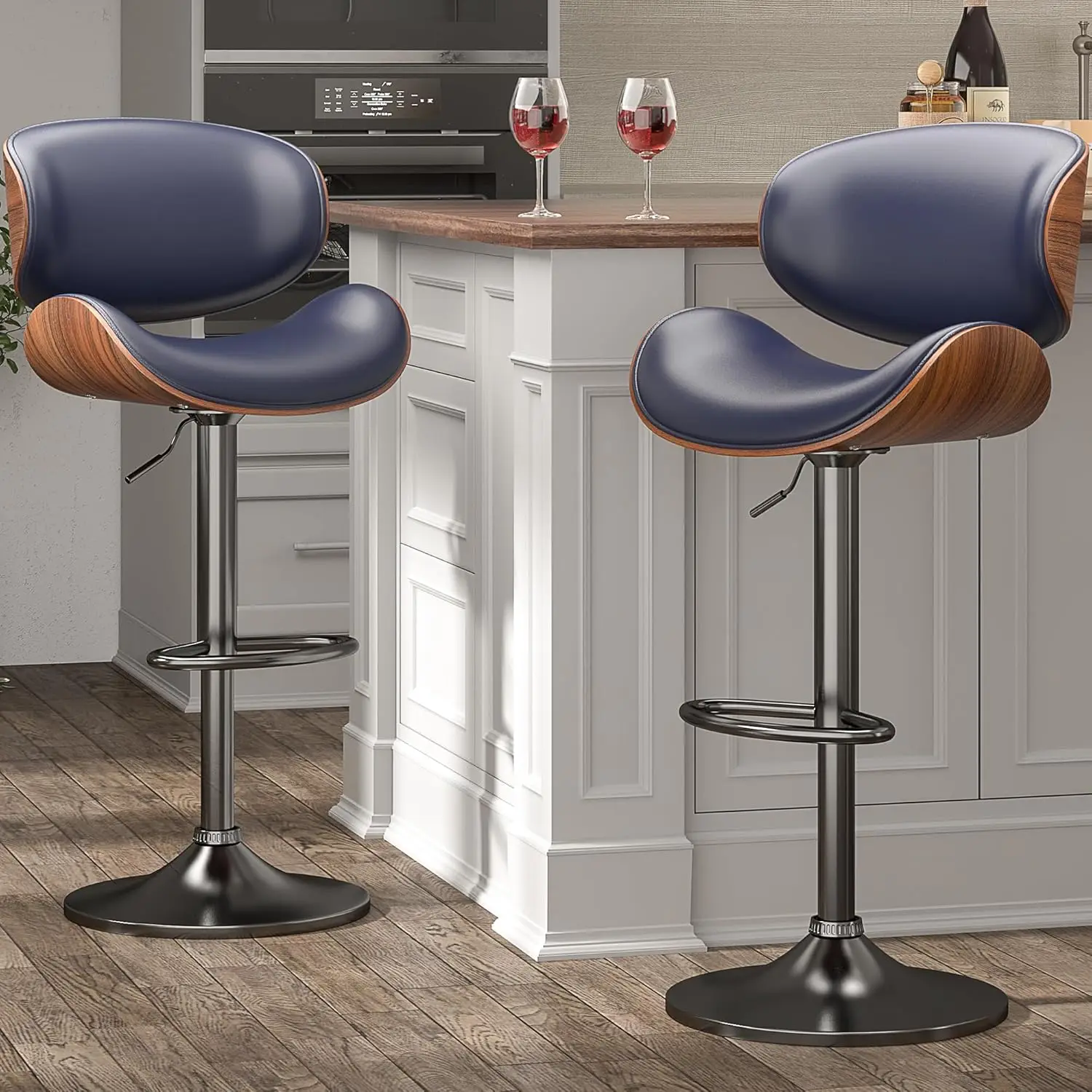 

Bar Stools Set of 2, Bentwood Adjustable Height Swivel Bar Stools, PU Leather Upholstered Bar Chair with Back and Footrest