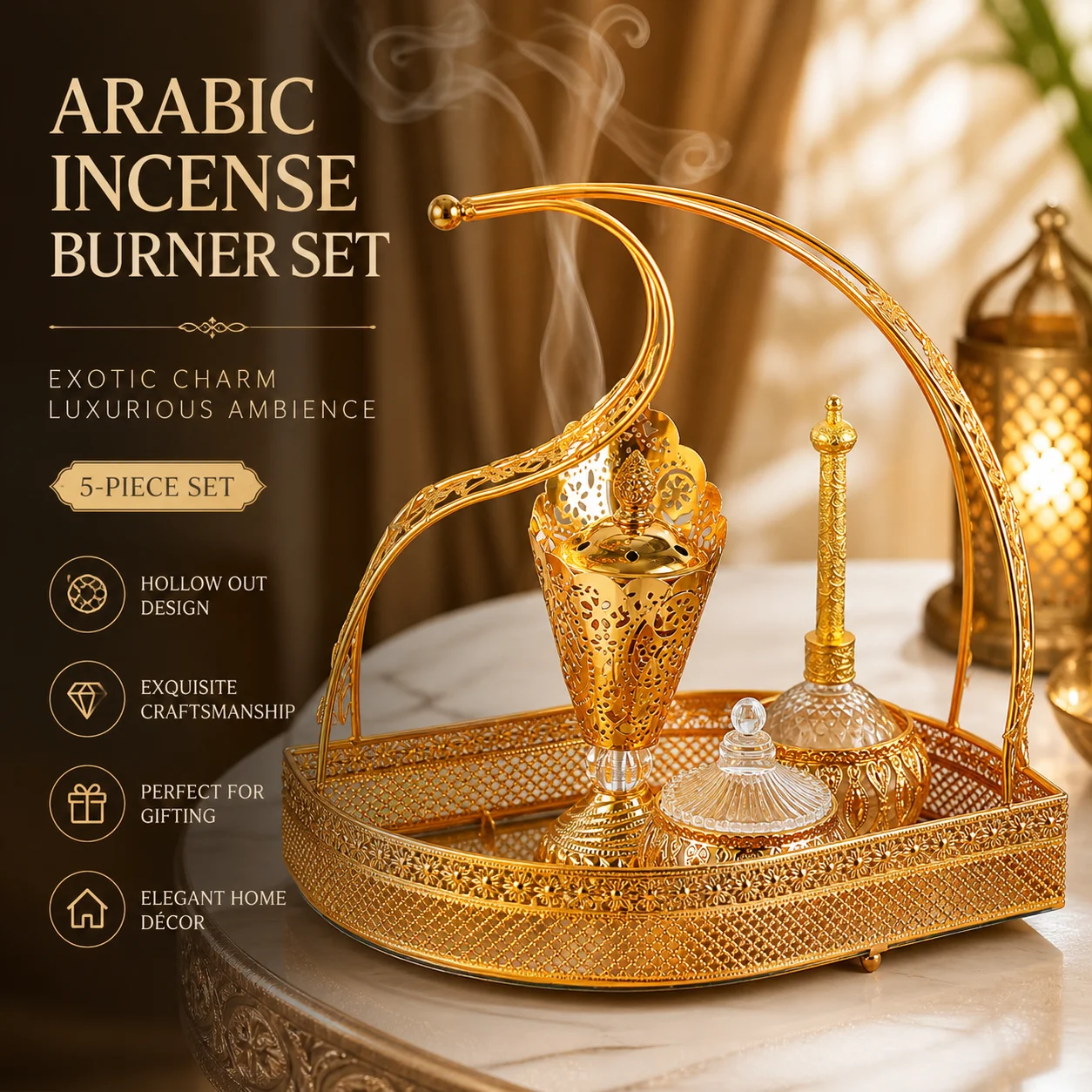 

Luxury Arabic Bakhoor Incense Burner Set Zinc Alloy Gold-Color Hollow Metal Censer with Mirrored Tray Middle Eastern Decor.