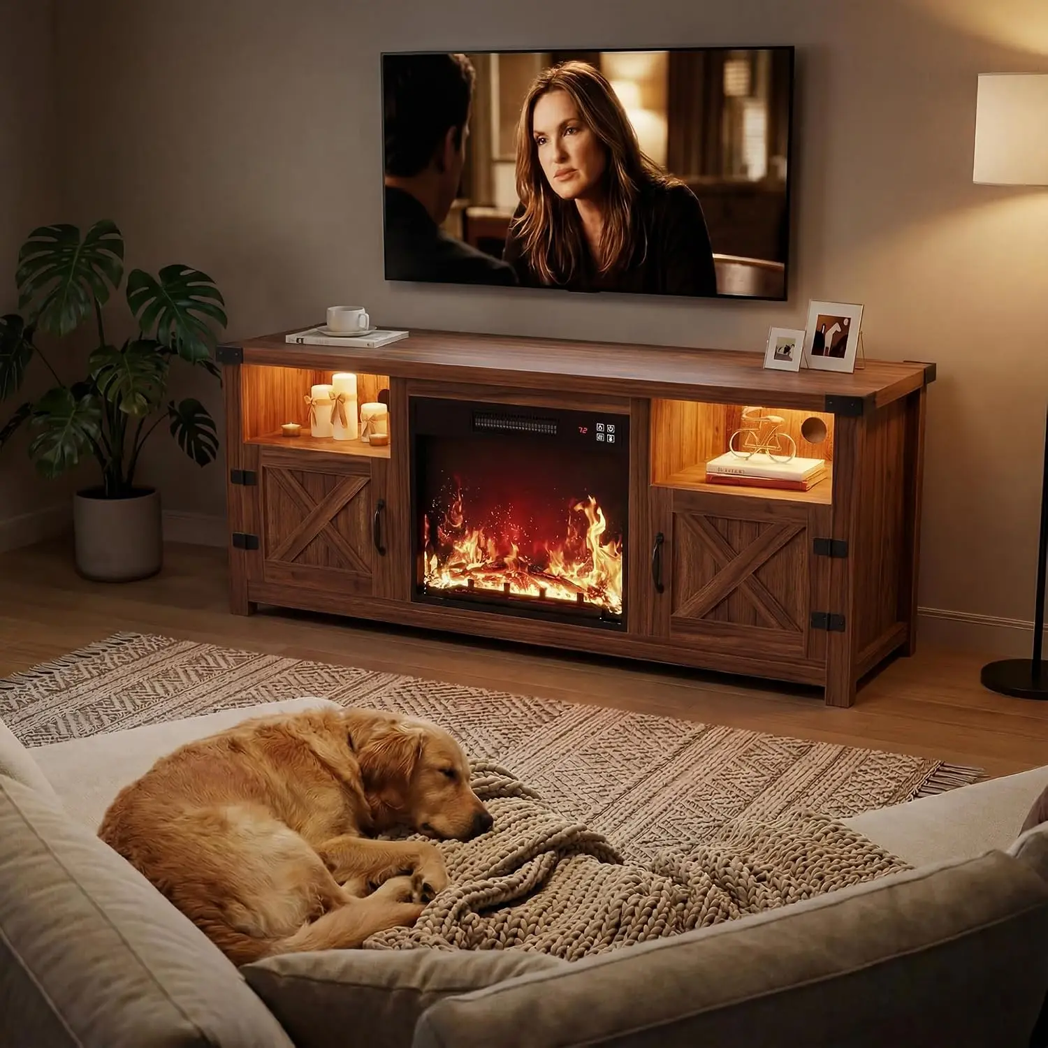 58 Inch LED Fireplace TV Stand for TVs up to 65 Inch Walnut, Customized