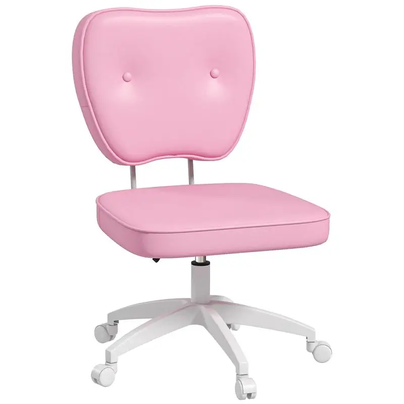Cute Armless Office Chair, PU Leather Swivel Desk Chair, Adjustable Height Vanity Task Chair, Mid Back, Pink Color