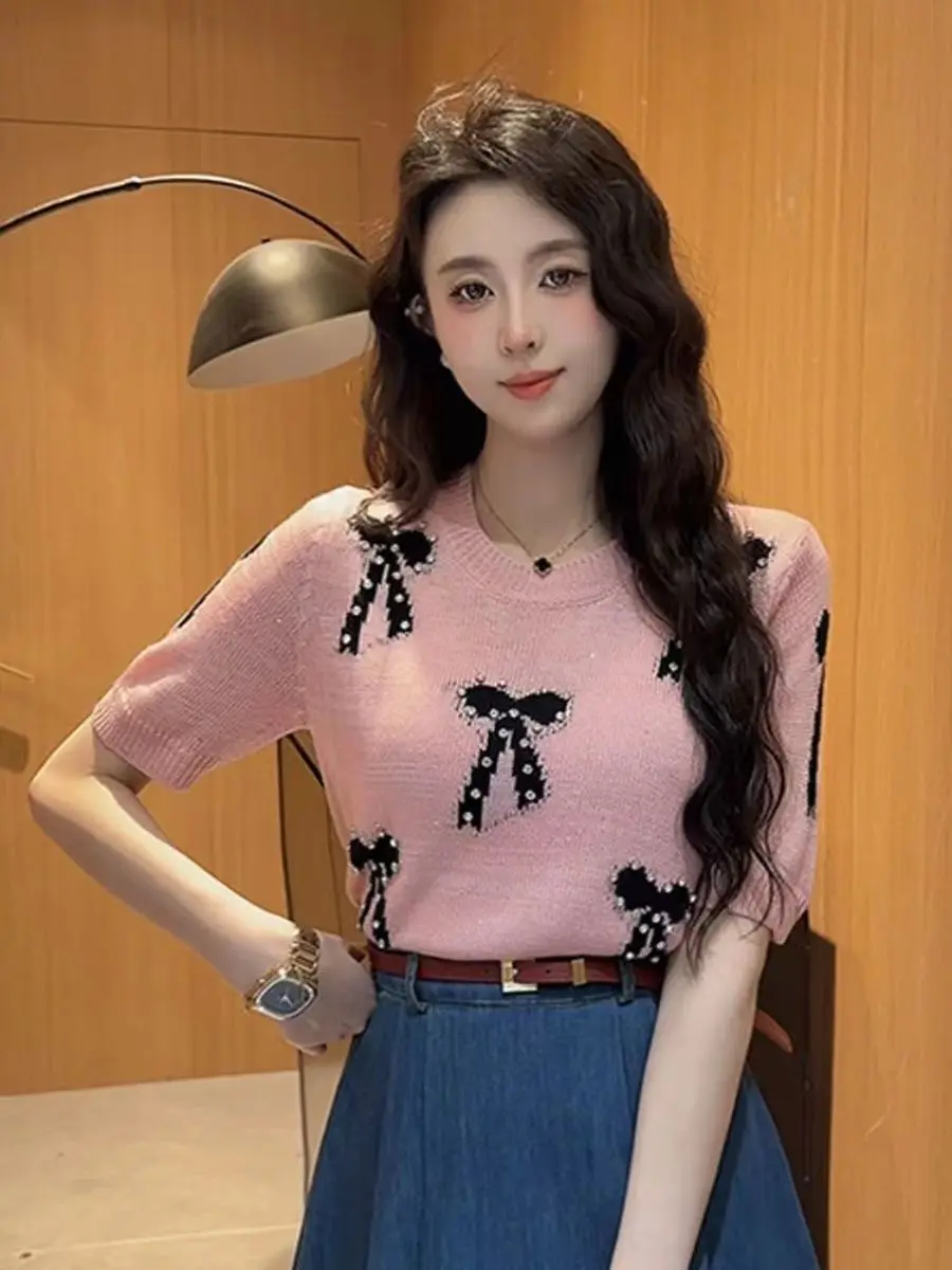 Summer Diamonds Bow Quality Sweater Women Knit Tees T-shirts Short Sleeve Elegant Knit Stylish Fashion Knitwear Jumpers Q1007