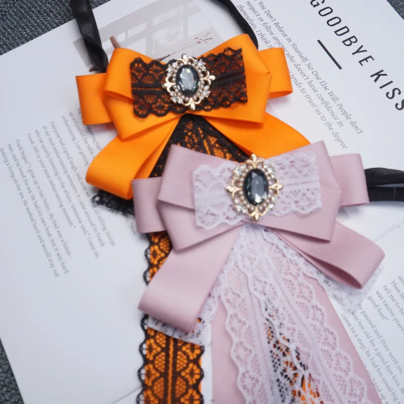 Korean Lace Rhinestone Bow Brooch Retro College Style Shirt Dress Collar Flower Bank Hotel Flight Attendant Collar Accessories
