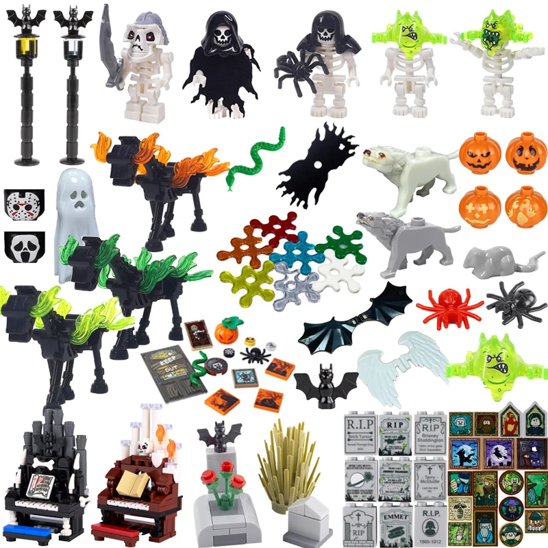 MOC Halloween Festival DIY Scene Building Blocks Skeleton Soldier Flame Horse Bat Snake Spider Pumpkin Head Tombstone Brick Gift