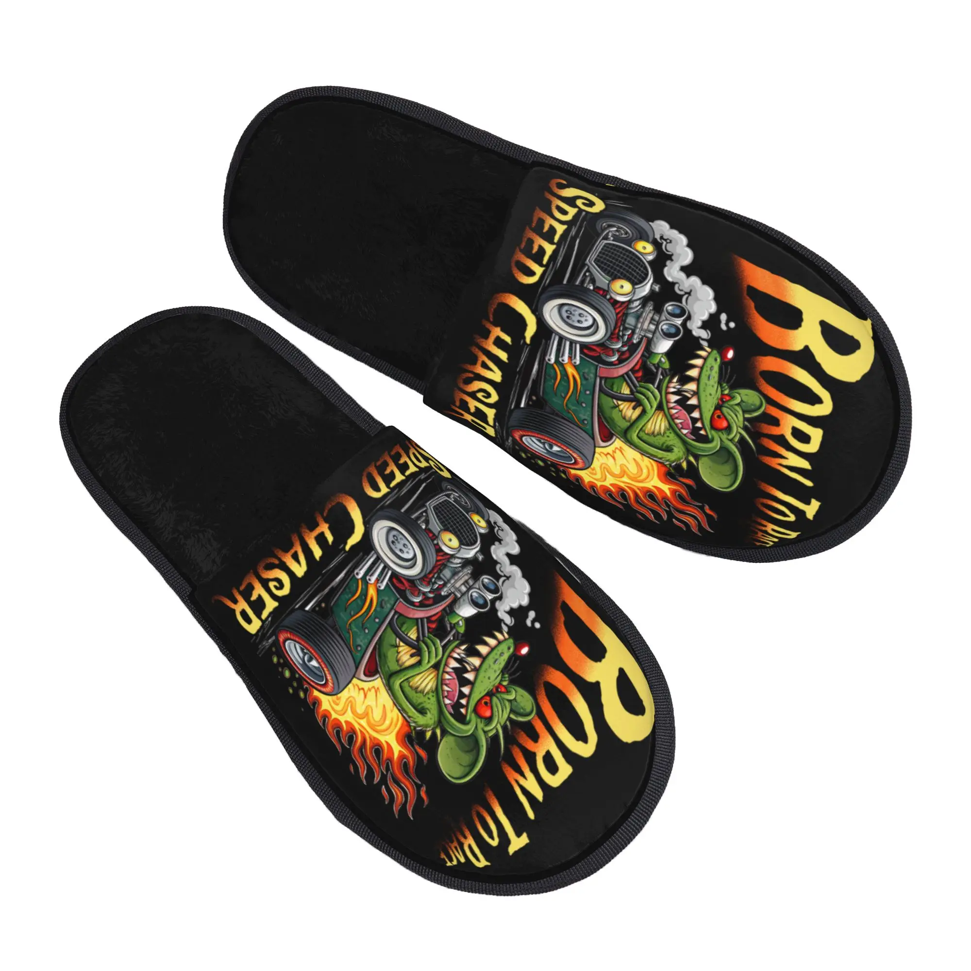 Rat Fink Born To Ride Pantoufles d'intérieur en mousse à mémoire de forme douce pour femmes, hommes, couples, familles, chambre à coucher, dortoir, semelle antidérapante et chaude.