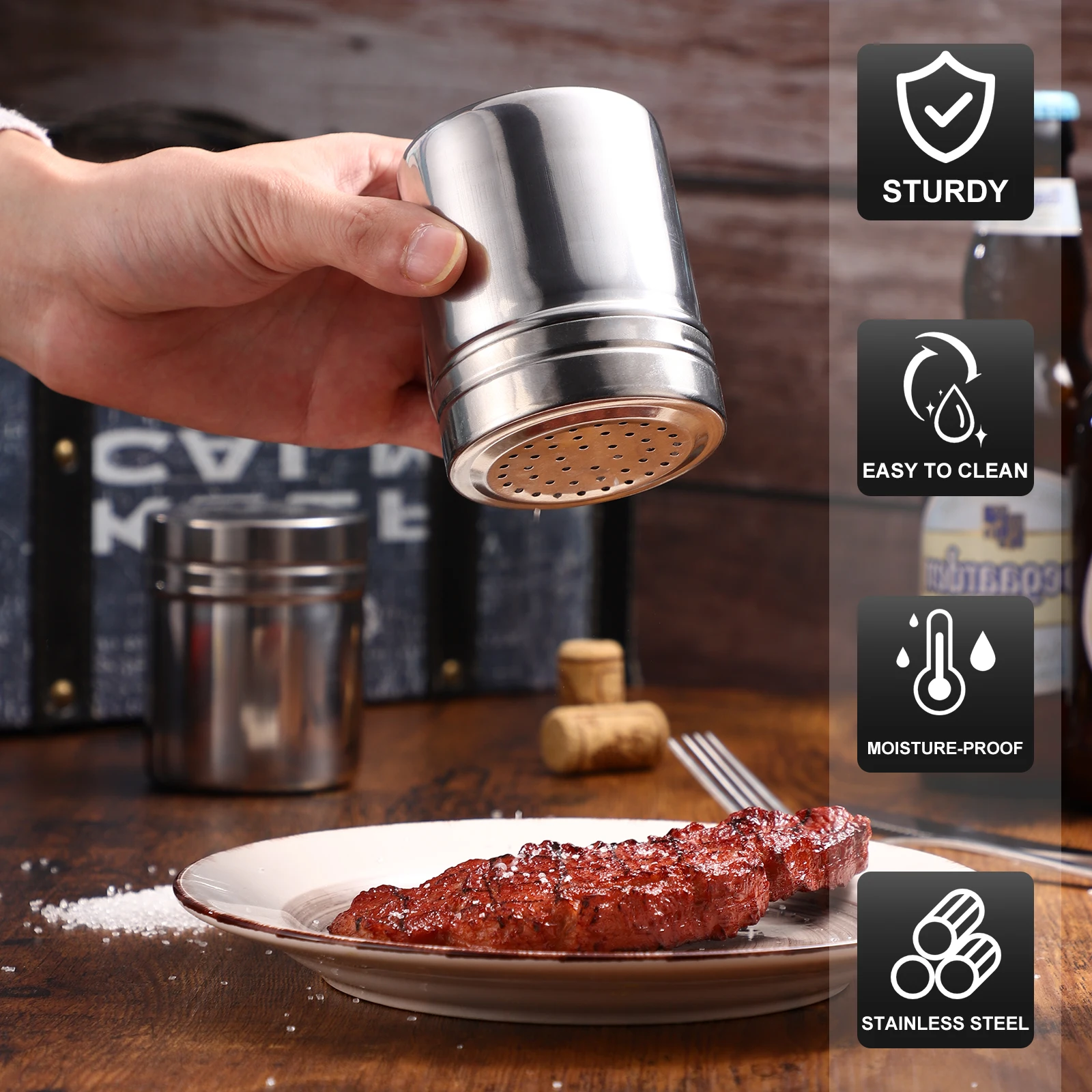 

2Pcs Stainless Steel Condiment Holder Dredge Shaker Airtight Seasoning Bottle Kitchen Bbq Outdoor Dredge Shaker