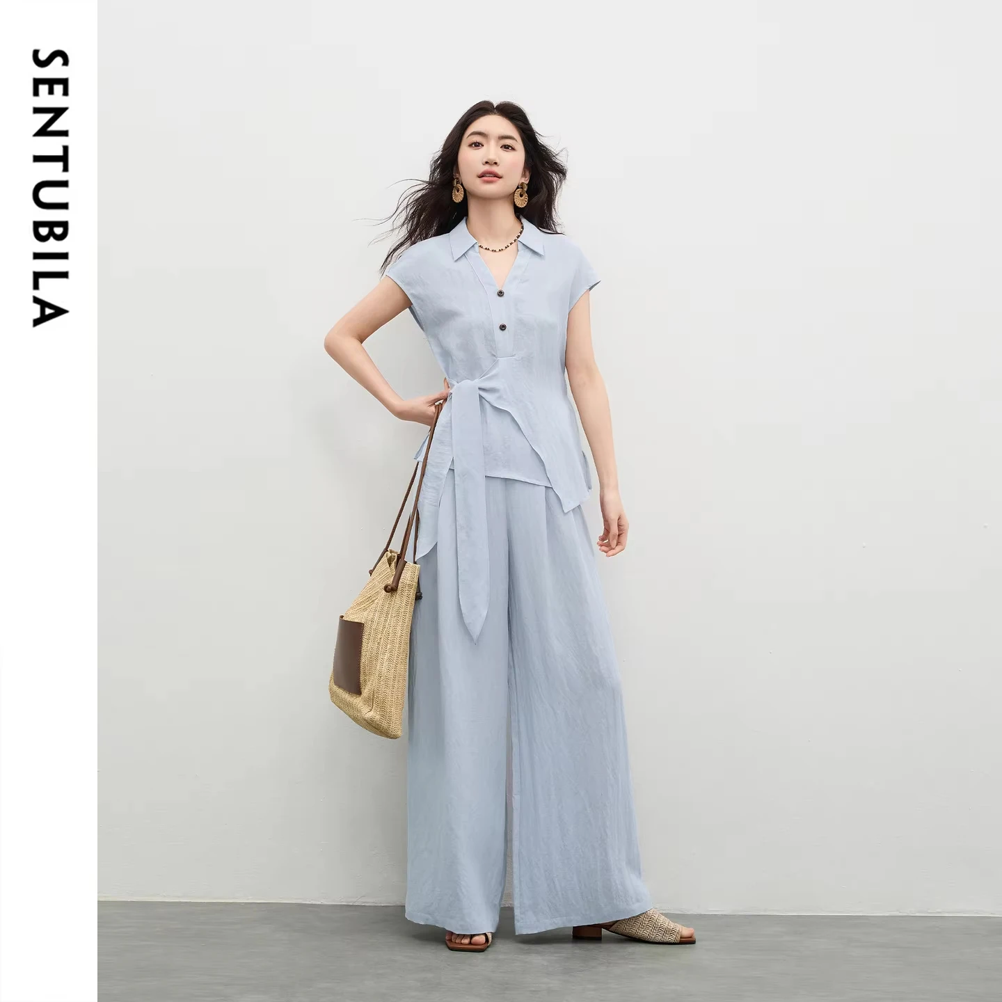 SENTUBILA Women's Office Linen Matching Set 2026 Summer Tie Short Sleeve Blouse Boho Scarf Wide Leg Pant 2 Piece Set 162ZK6057Z