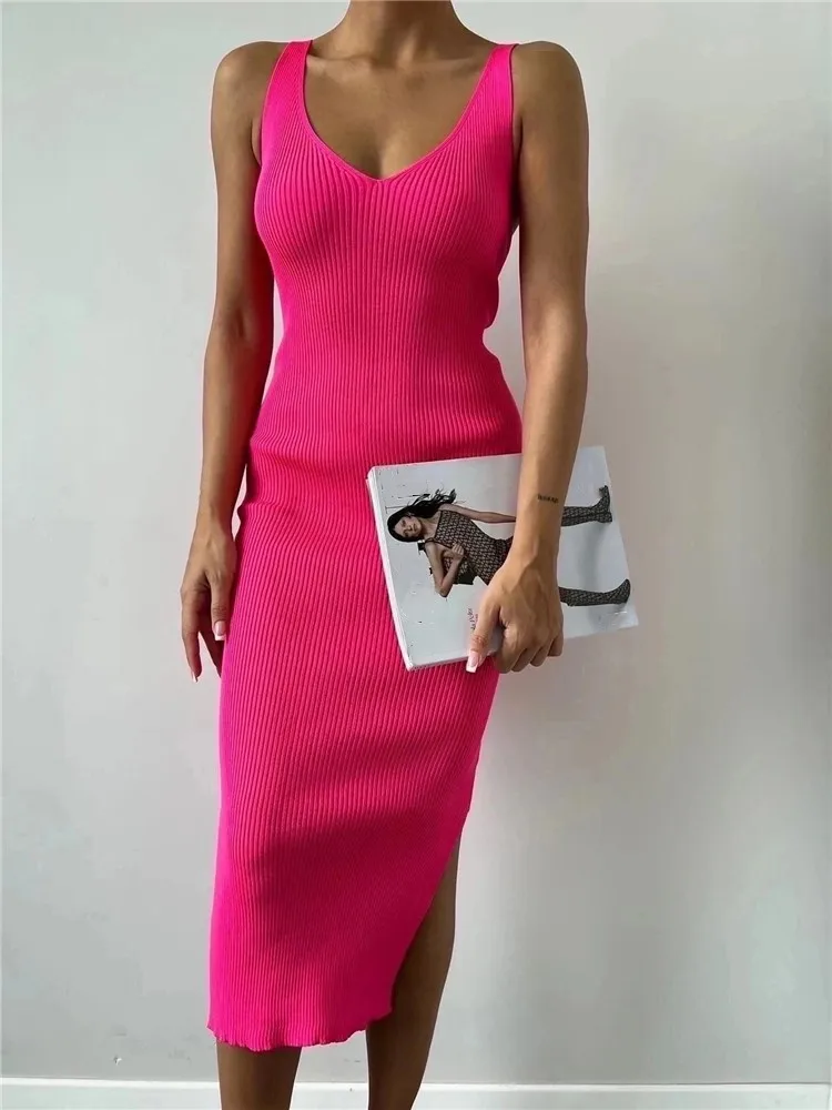 

Sexy Knitted Mid-Length Midi Dress High Waist Split V-Neck Sleeveless Women's Retro Dress Long Skirt One-Piece Spring Summer ...