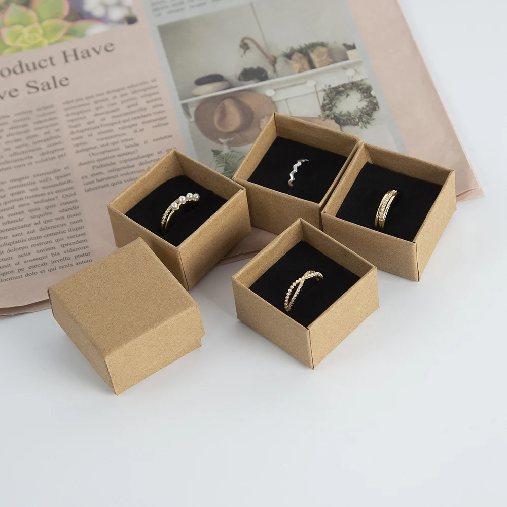 

10pack Bulk Rings Box 4x4x3cm Brown Kraft Gift Cardboard Boxes Jewelry Necklace Earring For Women Packaging Case Sponge 2042