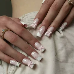 24pcs Light Pink Press On Nails 3D Bowknots Designs False Nail Patches Wearable White French Style Fake Nail Tips Salon Art