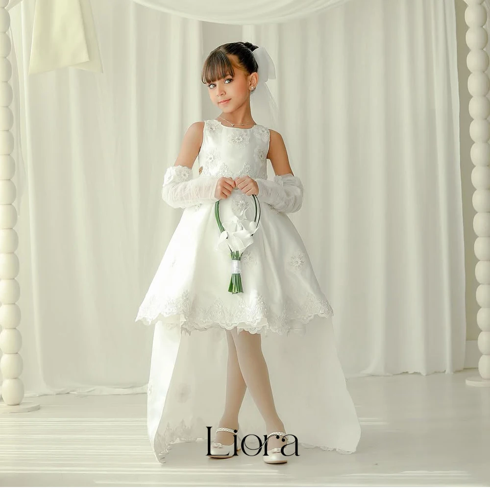 Liora Customized Hi-Lo Train Flower Girls Dress White Satin Lace Applique Sleeveless with Bow Veil Wedding Formal Gown