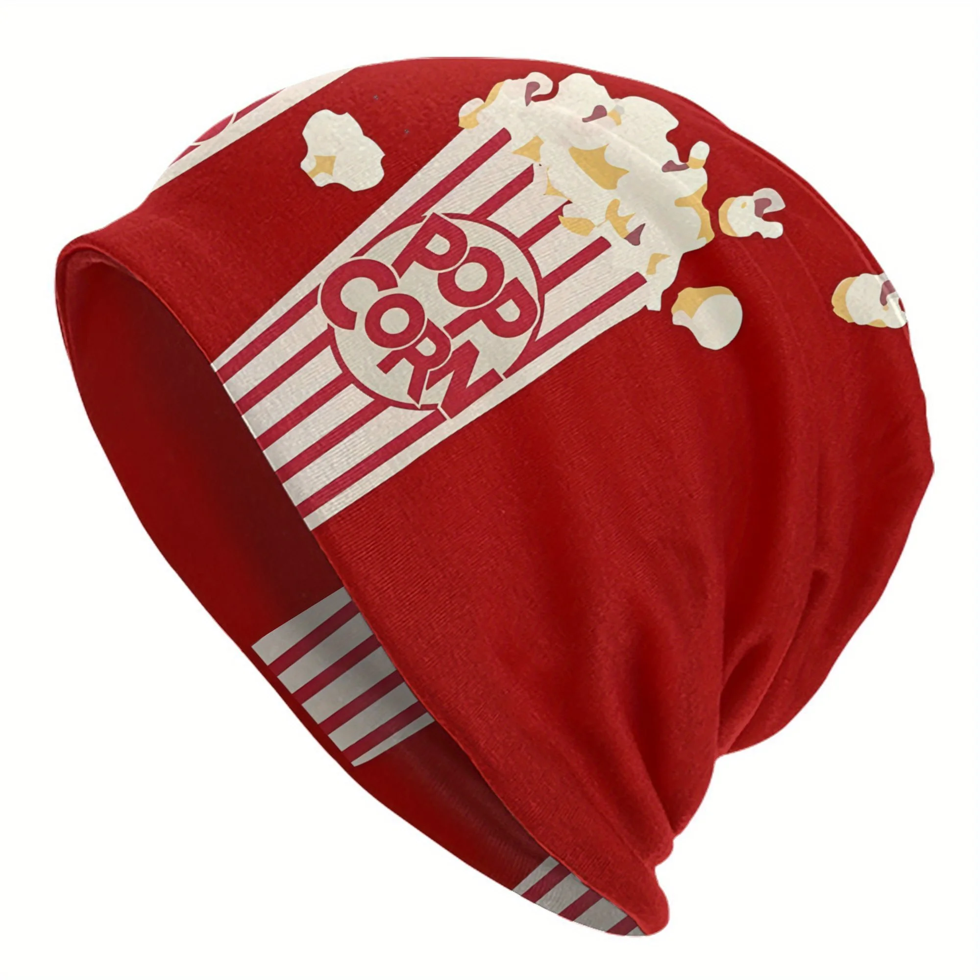 

Men Popcorn Bonnet Beanie Hip Hop Cap with "POPcorn" Design Red White Striped Pattern, Soft Knit Fabric