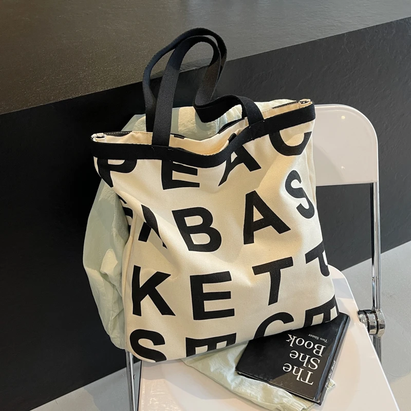 Ins Trendy Women borse a tracolla di grande capacità modello di lettera borse di tela borsa a tracolla con cerniera Casual borsa per la spesa calda per le signore