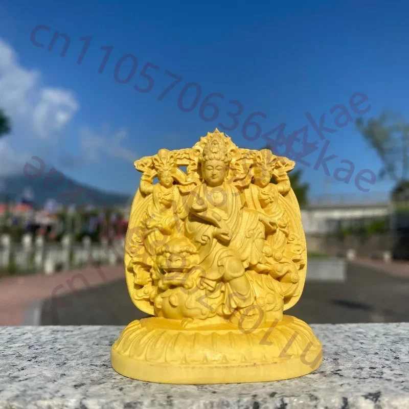 Hand-Carved Boxwood Manjushri Samantabhadra Buddha Statue - 2.75