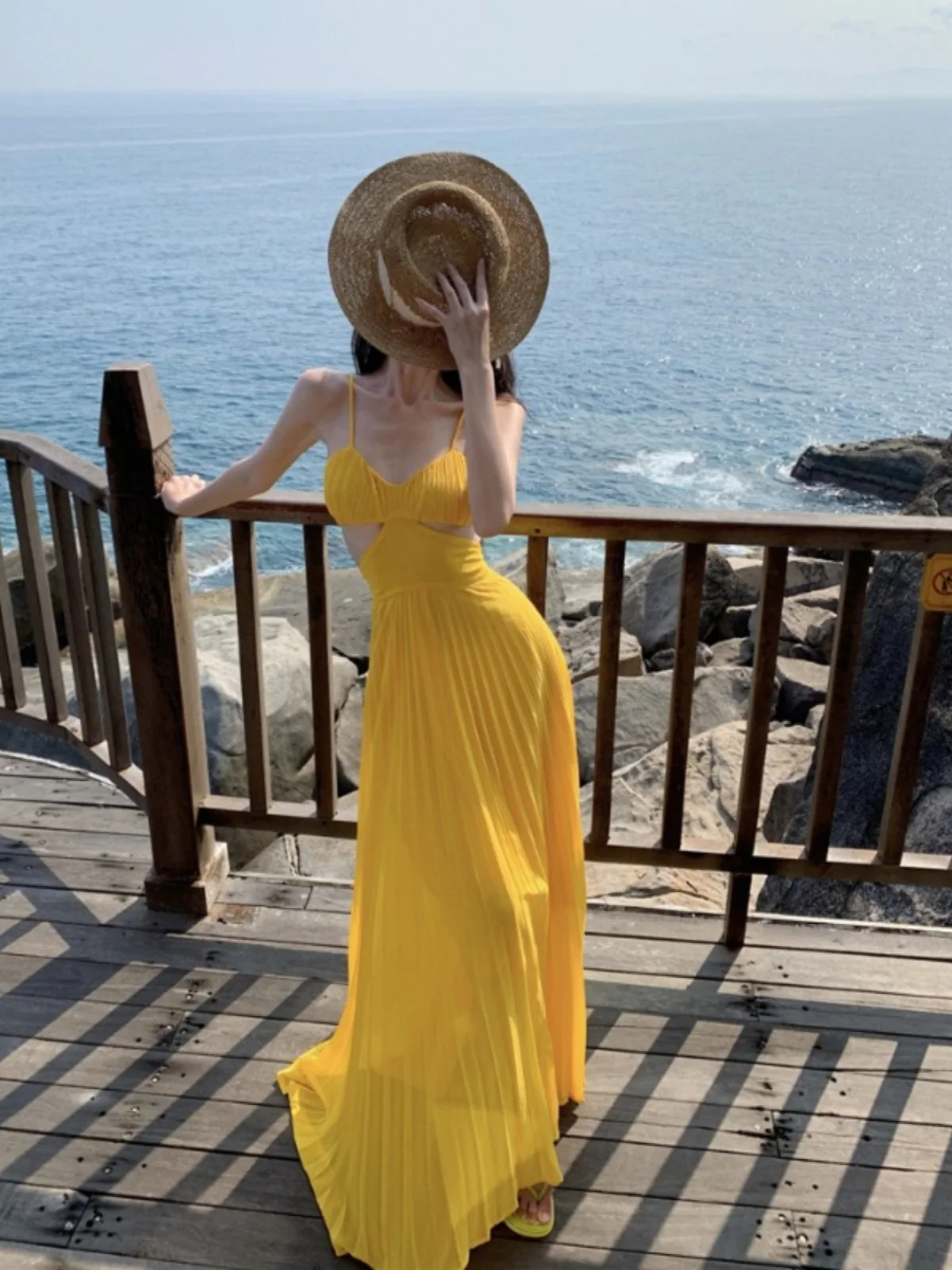 Vestido Largo de Playa, Color Amarillo, Estilo Delgado, con Tirantes, Falda Midi Informal de Cintura Alta, Ropa de Verano
