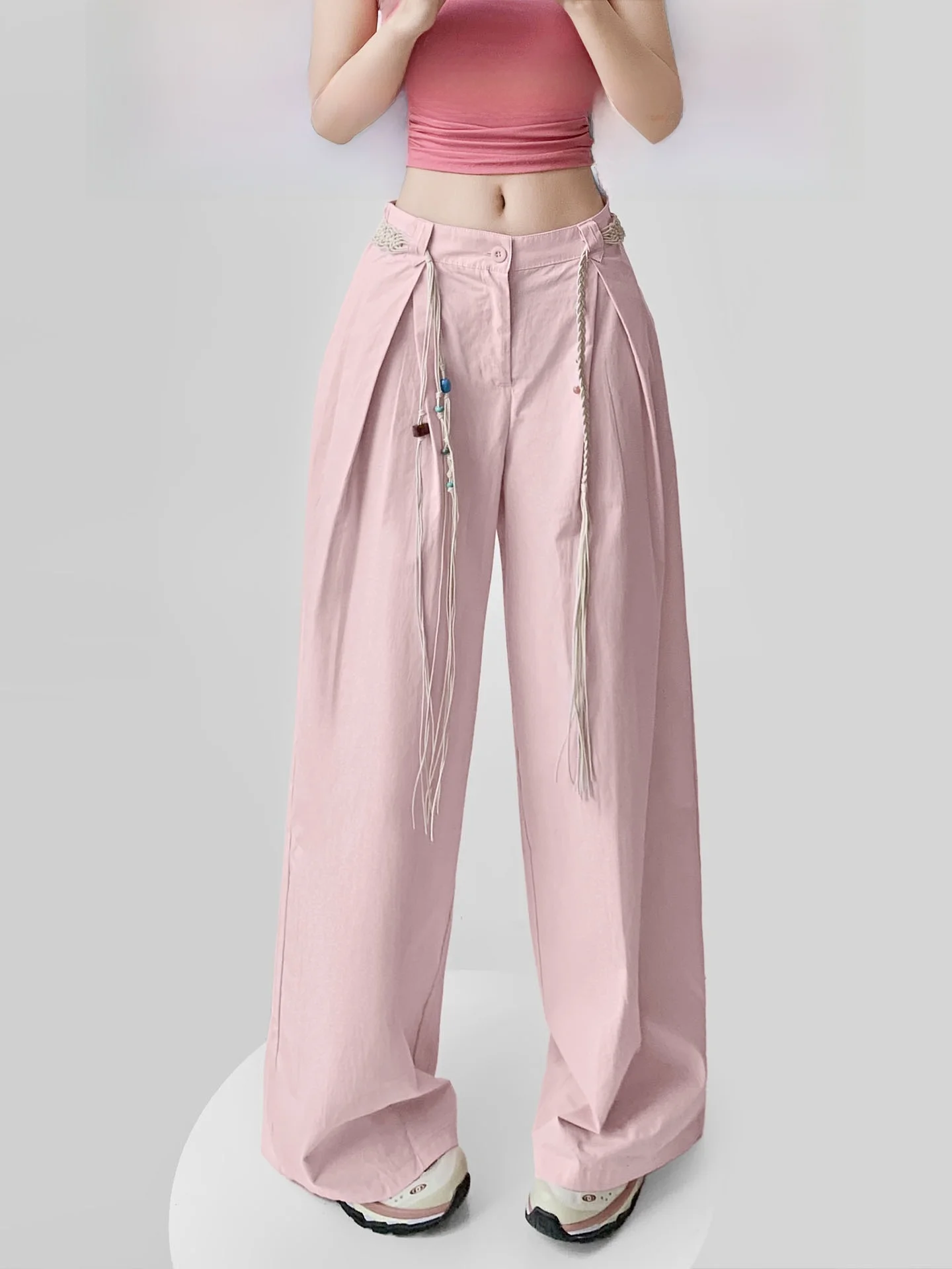 กางเกงขายาวลำลองสีชมพูสำหรับผู้หญิง ดีไซน์ฤดูร้อน ทรงหลวม เอวเล็ก แต่งเข็มขัดถักลูกปัด ผ้าฝ้าย