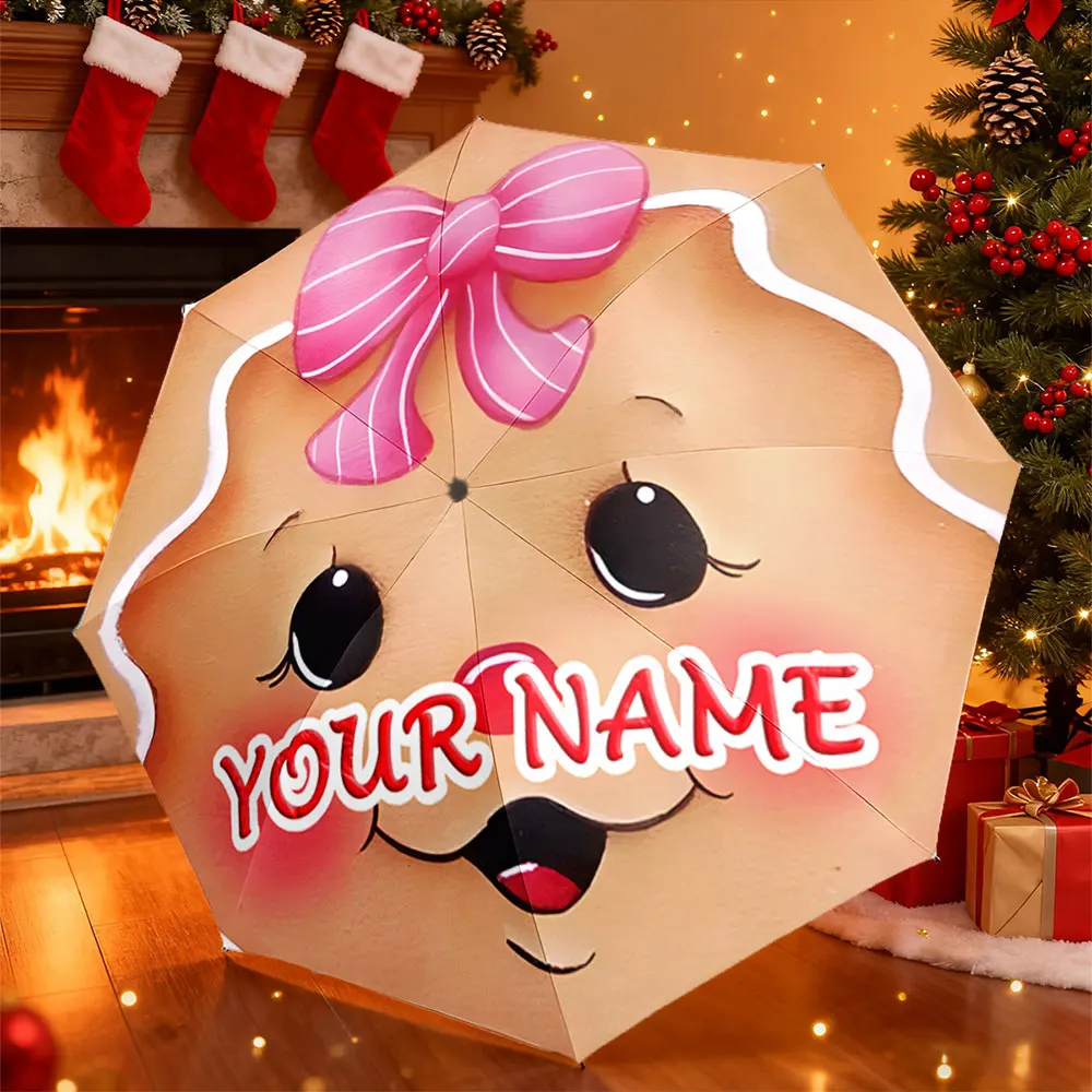 Custom Name Umbrella， Cute Gingerbread Face with Pink Bow Personalized Design ,Portable Folding Umbrella, Christmas Gift
