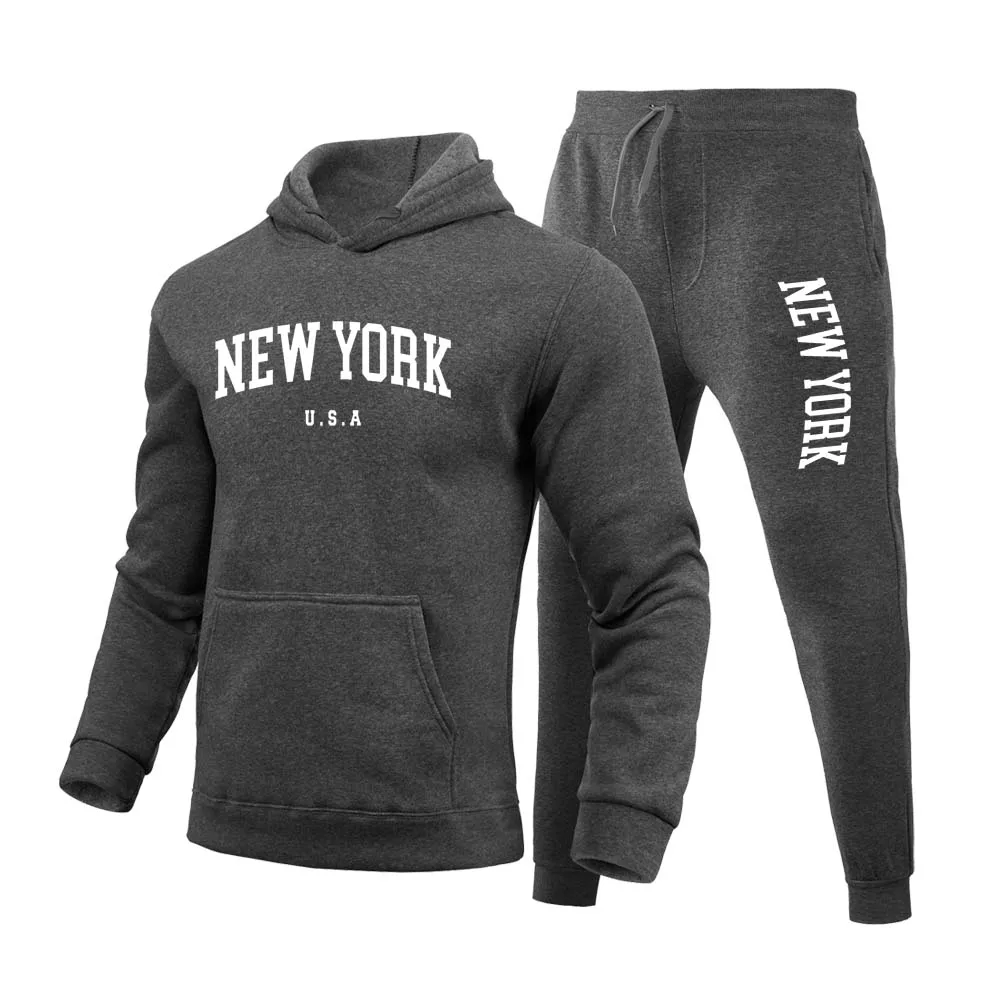 York U.S.A City Men\'s/Women Letter Pattern Printed Hoodie Set Pure Cotton Comfortable Loose Casual Pocket Hoodie+Sweatpants Set