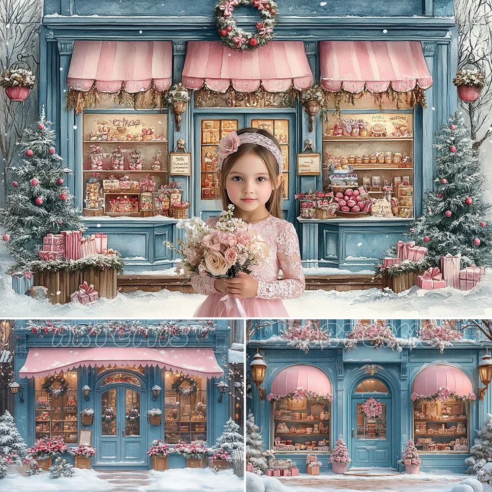 Christmas Candy Shop Front Backdrop Pink Blue Christmas Wreaths Snowy Arched Windows Chocolate Background Photo Studio Photocall