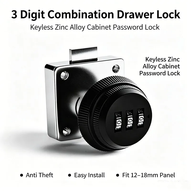 Round 3 Digit Combination Drawer Lock Zinc Alloy Keyless Cabinet Lock Furniture Hardware Lock for Wardrobe Office File Cabinet