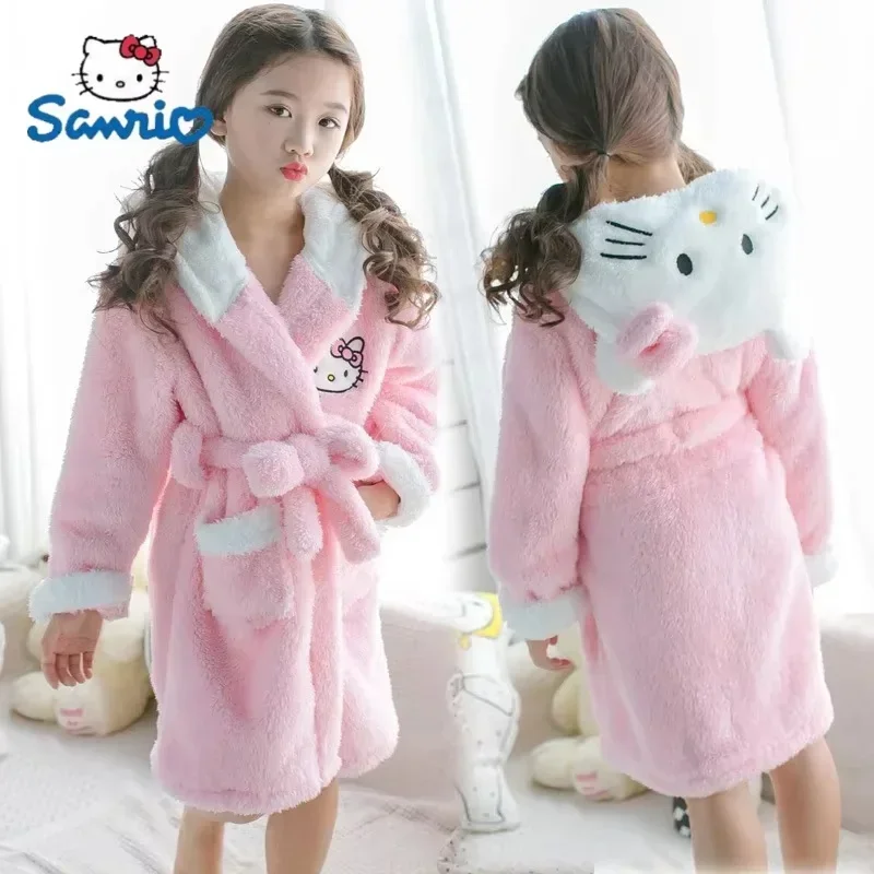 Sanrios Kawaii Hello Kitty Pajamas Coral Velvet Children Girls Heart Cartoon Anime Sleeping Robe Hooded Loungewear Cute Gifts