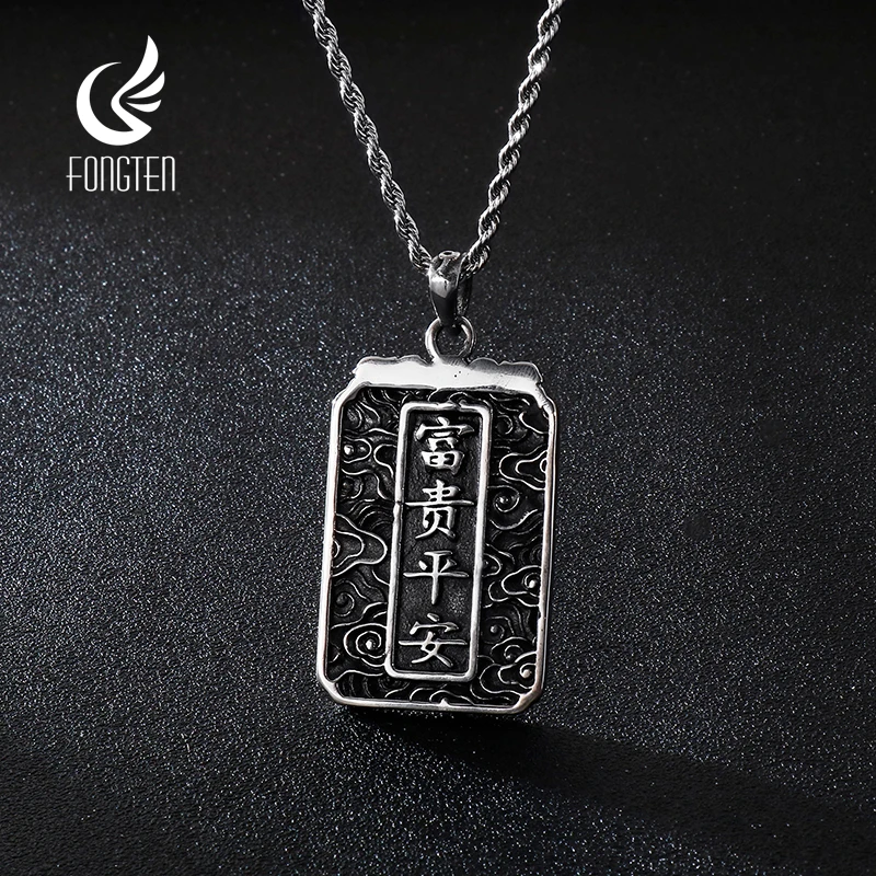 

Fongten Vintage China Dragon Stainless Steel Hip Hop Chain Black Double Side Blessing Pendant Necklace Men Fashion Jewelry