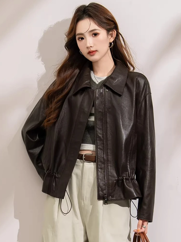 

Casual Short Genuine Leather Jackets for Women Spring Autumn High-end Simple Adjustable Waist Design Soft Real Sheepskin Coat