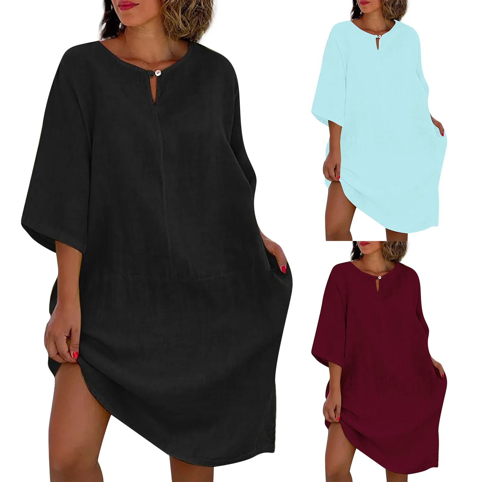 فستان نسائي فضفاض بأكمام سبع نقاط ، رقبة حرف V صغيرة ، أزرار مرقعة ، لون عتيق ثابت ، فستان كاجوال يومي ، صيف ، جديد