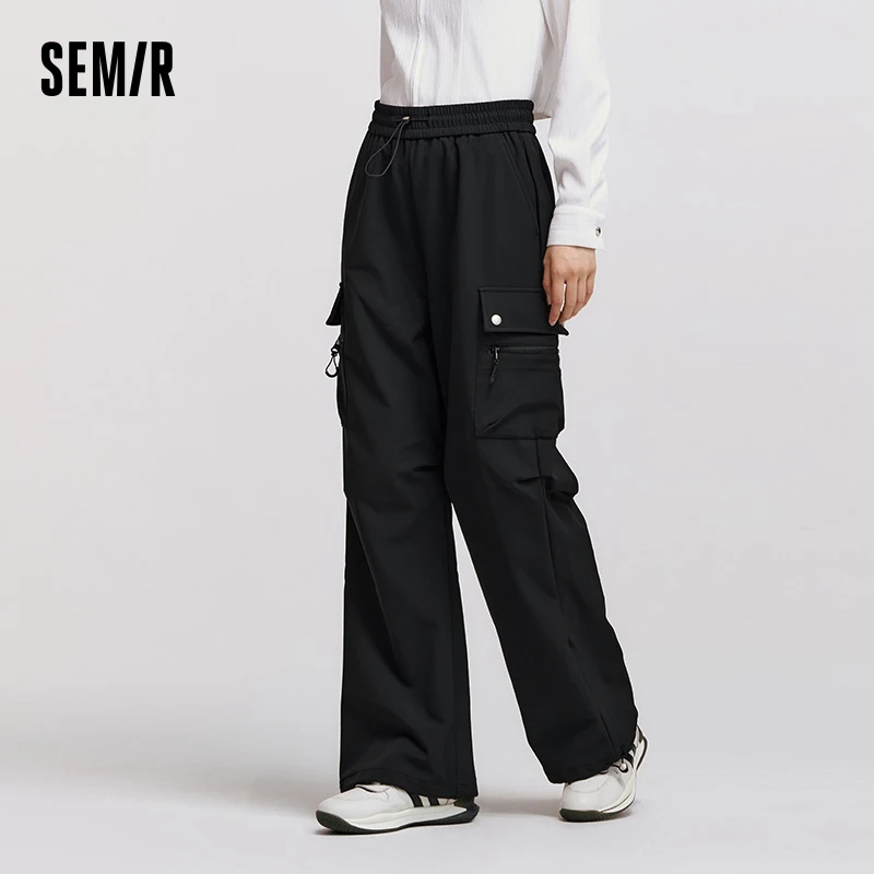 Semir Casual Pants Women Drawstring Flannel-Lined Wide-Leg Pants Concealing Flesh Winter Outing Elastic Waist Slimming Pants