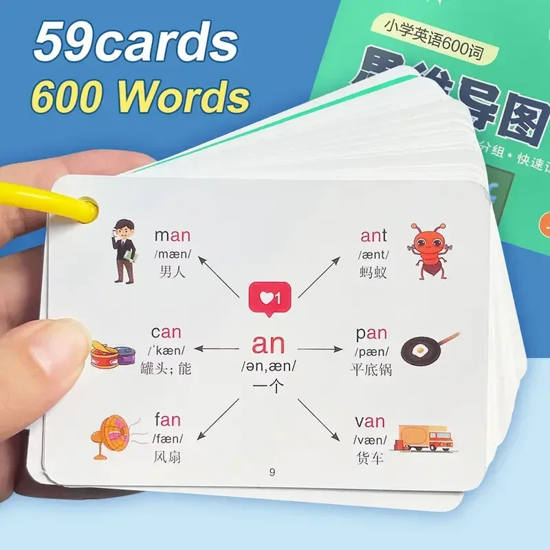 Flashcard per radici inglesi per bambini Simbolo fonetico Vocabolario inglese Mappe mentali 600 parole Apprendimento rapido della memoria per la scuola primaria