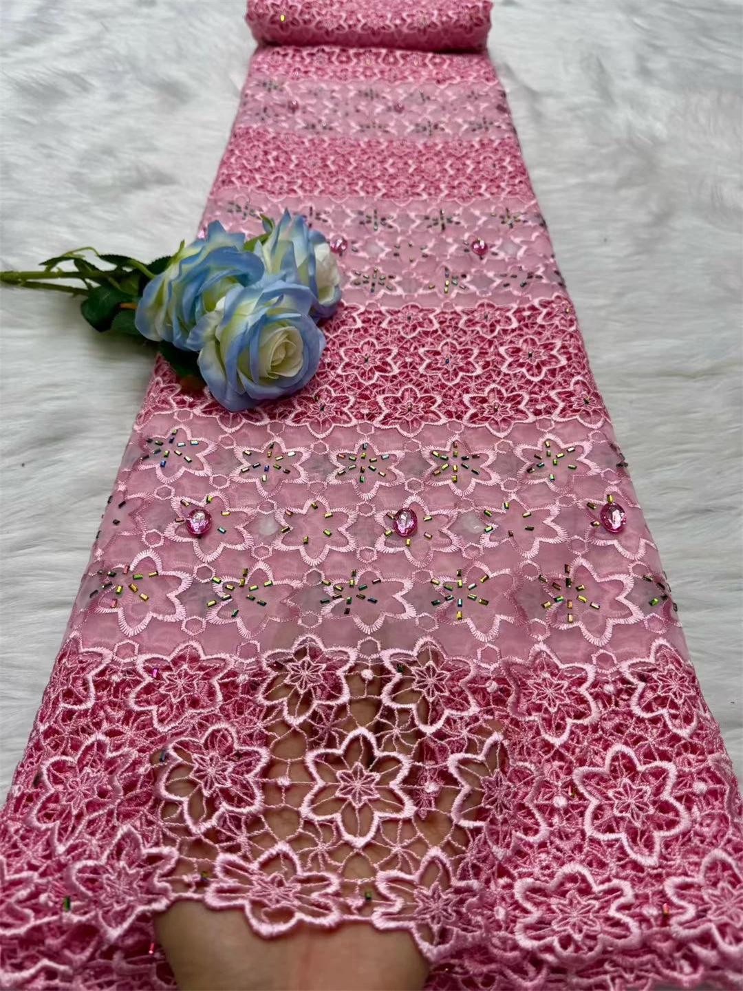 

New Luxury Pink Sequins African Guipure Cord Lace Fabric 2026 High Quality Nigerian Water Soluble Lace Fabric For Wedding Dress