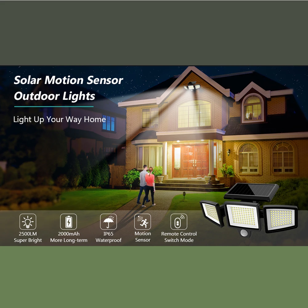 Tuffsuficiente-luces solares para exteriores, luces LED DE SEGURIDAD DE 2500LM 210 con Control remoto, 3 cabezales de luces con Sensor de movimiento, impermeables IP65