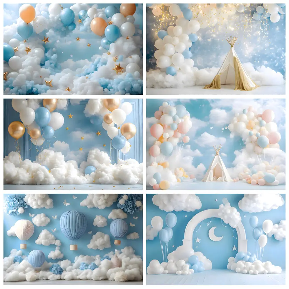 Pasgeboren Baby Verjaardagsfeestje Fotografie Achtergronden Maan Sterren Blauwe Wolken Baby Douche Cartoon Achtergrond Decor Fotostudio Props