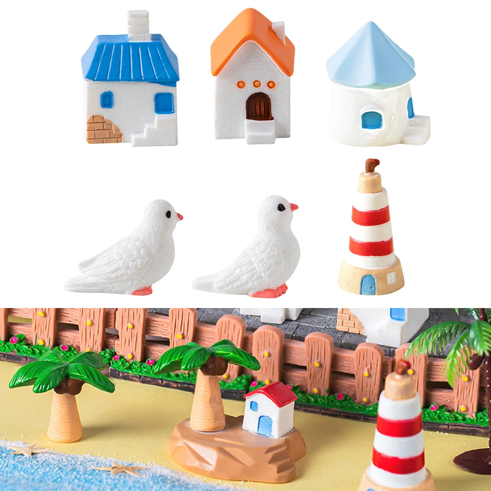 

6-Piece Resin Micro Landscape House Pigeon Coconut Tree Gardening Decor Garden Decor House Micro Landscape Piece Resin