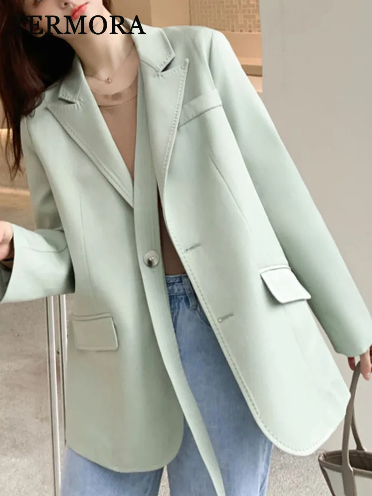 YERMORA Green Bandage Buckle Casual Blazer Women New Lapel Long Sleeve Loose Fit Jacket Fashion Tide Spring Autumn 2024