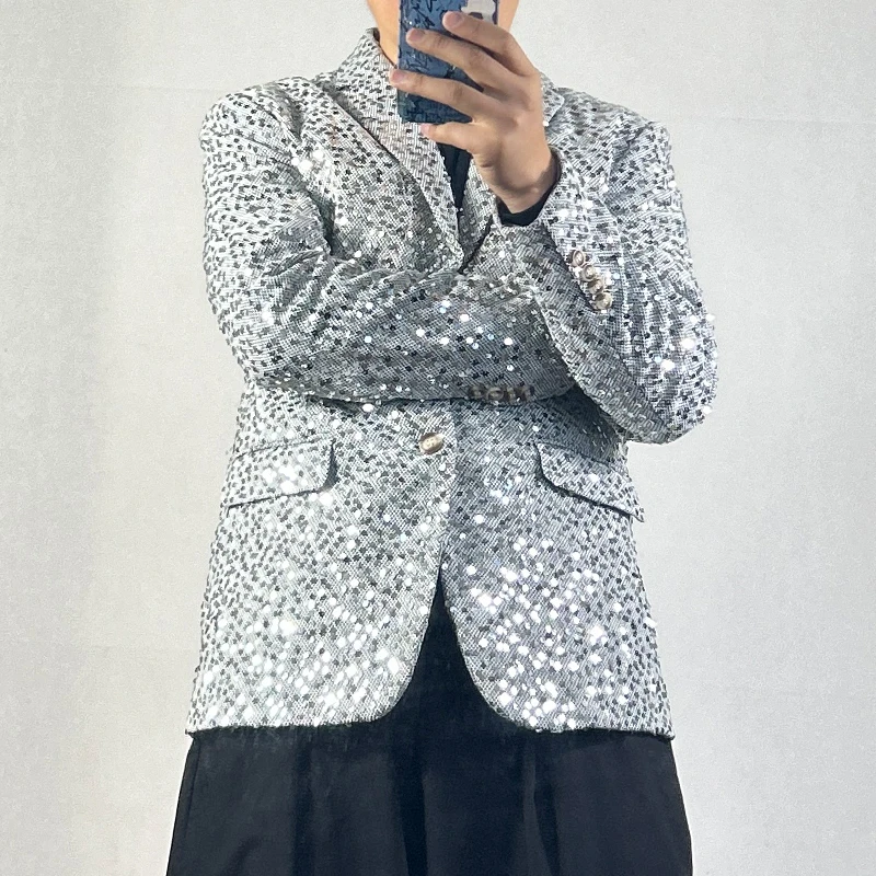 

Модный корейский приталенный костюм с пайетками для мужчин, сценический костюм для выступлений, большие размеры, одежда для диджеев, студийный костюм в западном стиле, вечерний наряд.