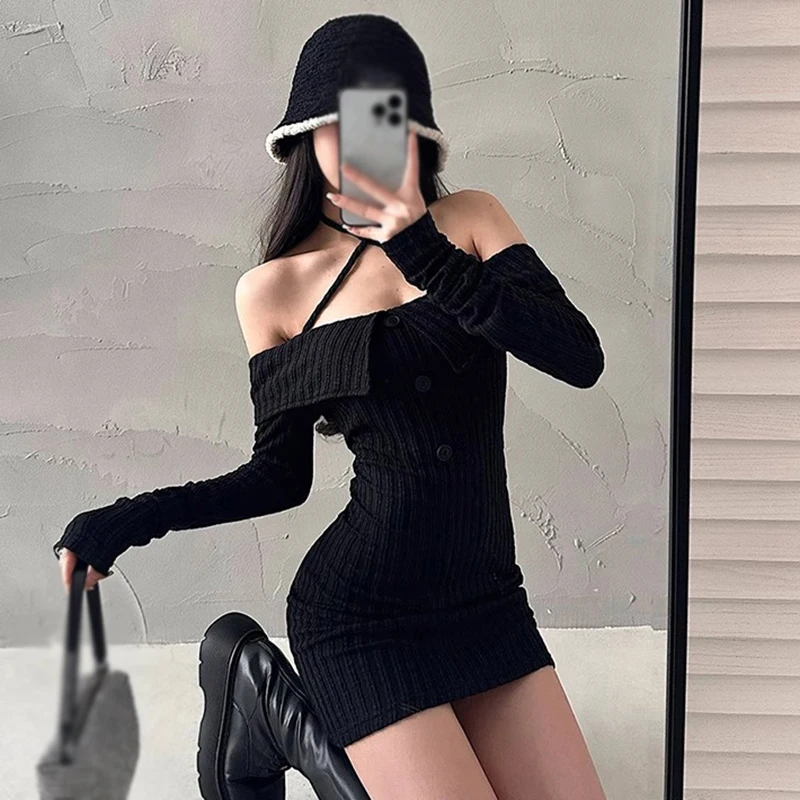 Women's Bodycon Dress Spring Autumn Retro Solid Colour Turndown Collar Off Shoulder Slim Sexy Knitted Long Sleeves Dress