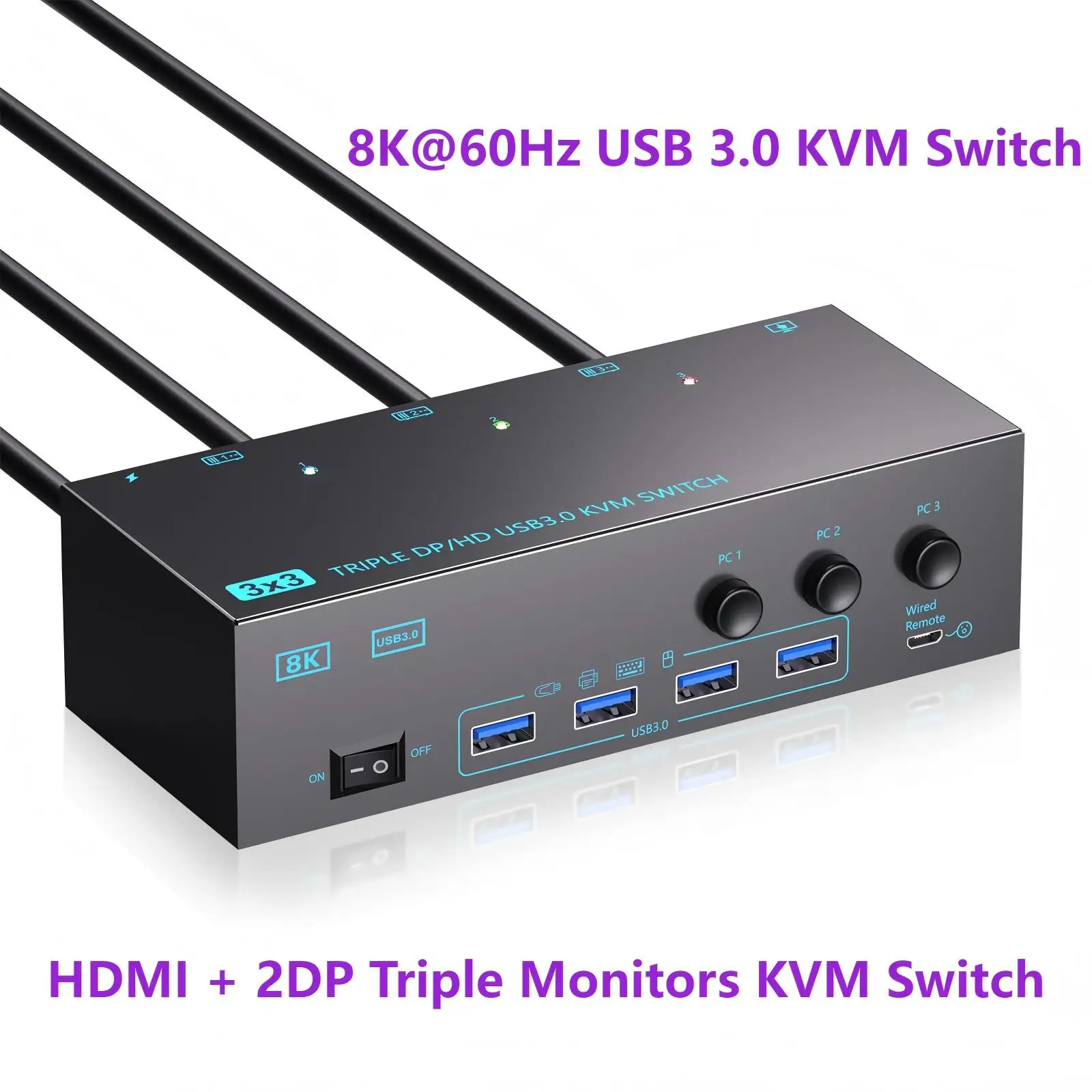 

USB 3.0 KVM Switch,Aimos 8K@60Hz HDMI DP KVM Switch,KCEVE 3 Monitors 3 Computers Triple Monitors KVM Switches with 4 USB3.0 Port