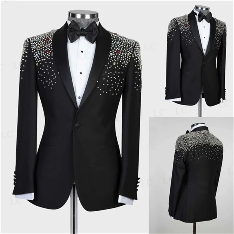 

Luxury Diamonds BeadsMen Suits 2 Pieces Groom Wedding Blazer Pants Tuxedo One Button Formal Work Wear Prom Plus Size Custom Made