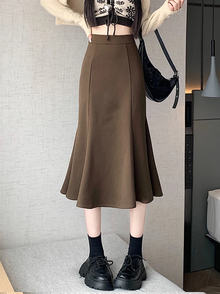 

Ретро-юбка из шерсти с эффектом «рыбий хвост» для женщин, осенне-зимняя новинка, средней длины, А-силуэт, стройнящая, с высокой талией, Ci Walk