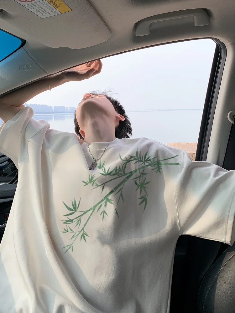 

Мужская летняя футболка из плотного чистого хлопка с коротким рукавом, новинка 2024 года, свободного кроя, с круглым вырезом, с принтом, быстросохнущая