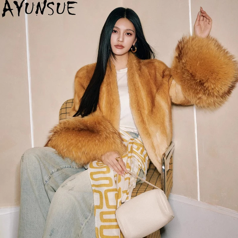 AYUNSUE Muskrat&Waschbär Pelz Mäntel Frau Winter Echtpelz Jacke High Street Outer V-ausschnitt Pelzmantel Frau Kleidung caiба Ж 1897