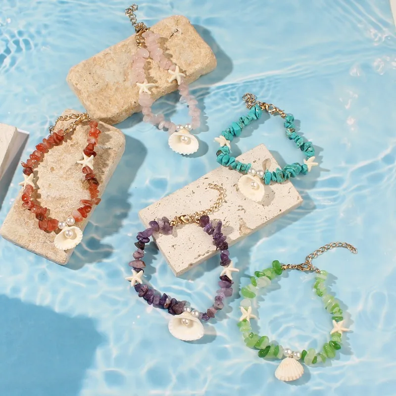 10pcs Bohemian Trendy Sea Shell Pendant Handmade Crushed Stone Beads Starfish Charms Bracelet for Women Girls Beach Jewelry Gift