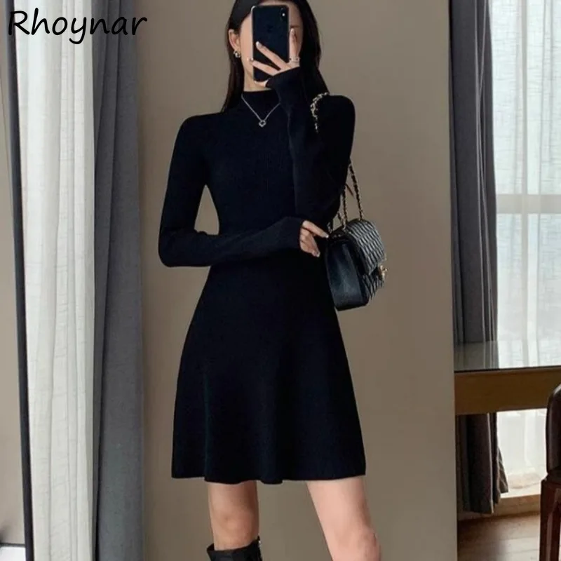 Dresses Women Autumn Long Sleeve Mini Slimming Knitted Tender Black Solid All-match Korean Style Casual Sexy Ladies Temperament