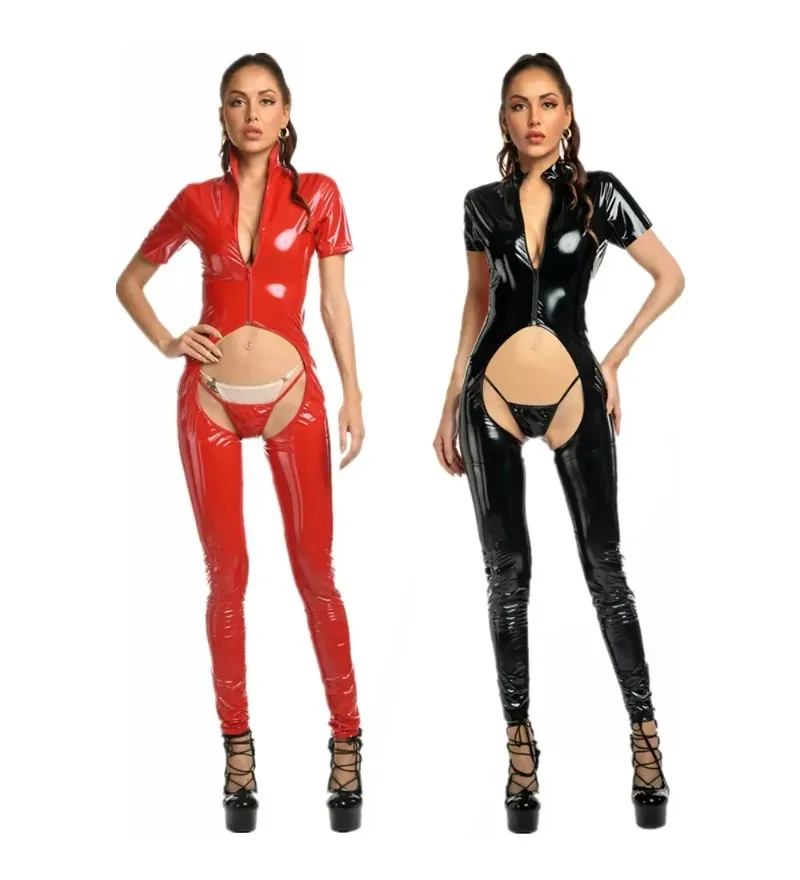 

Women Sexy Hollow Out Latex Catsuit PVC Faux Leather Wetlook Jumpsuit Hot Exotic Costume Lingerie PU Bodysuit Clubwear Overalls