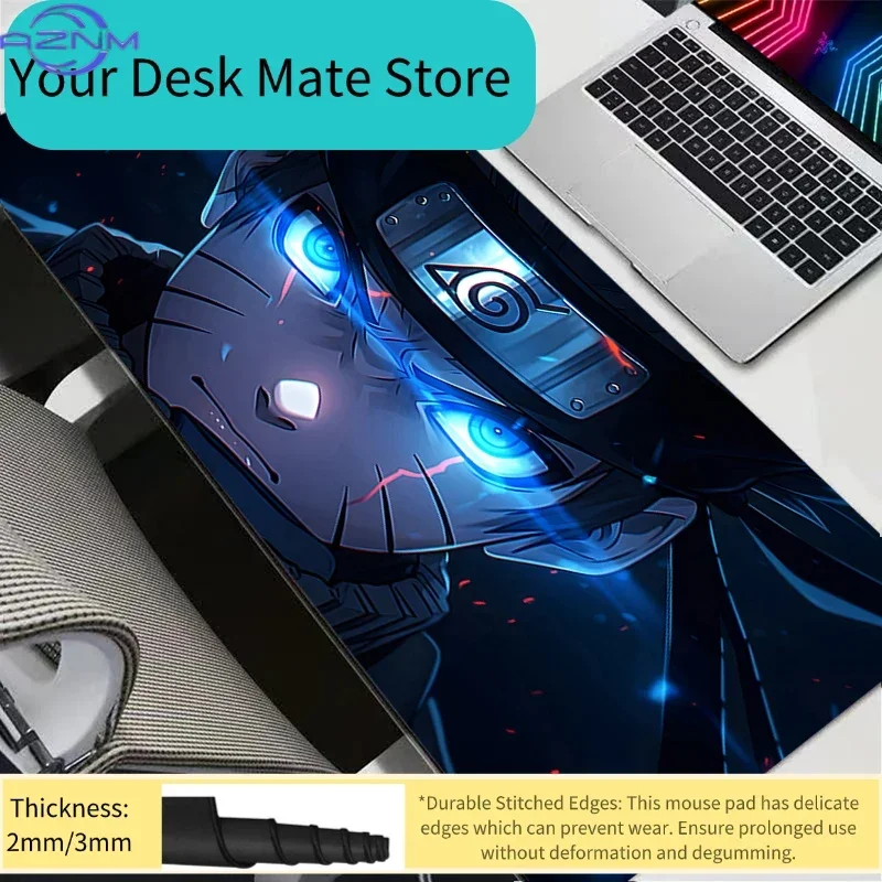 Mouse Pad Anime Ninja With Glowing Blue Eyes Village Symbol Headband Dark Sparkle Rubber Non Slip Gaming Desk Mat For Keyboard L