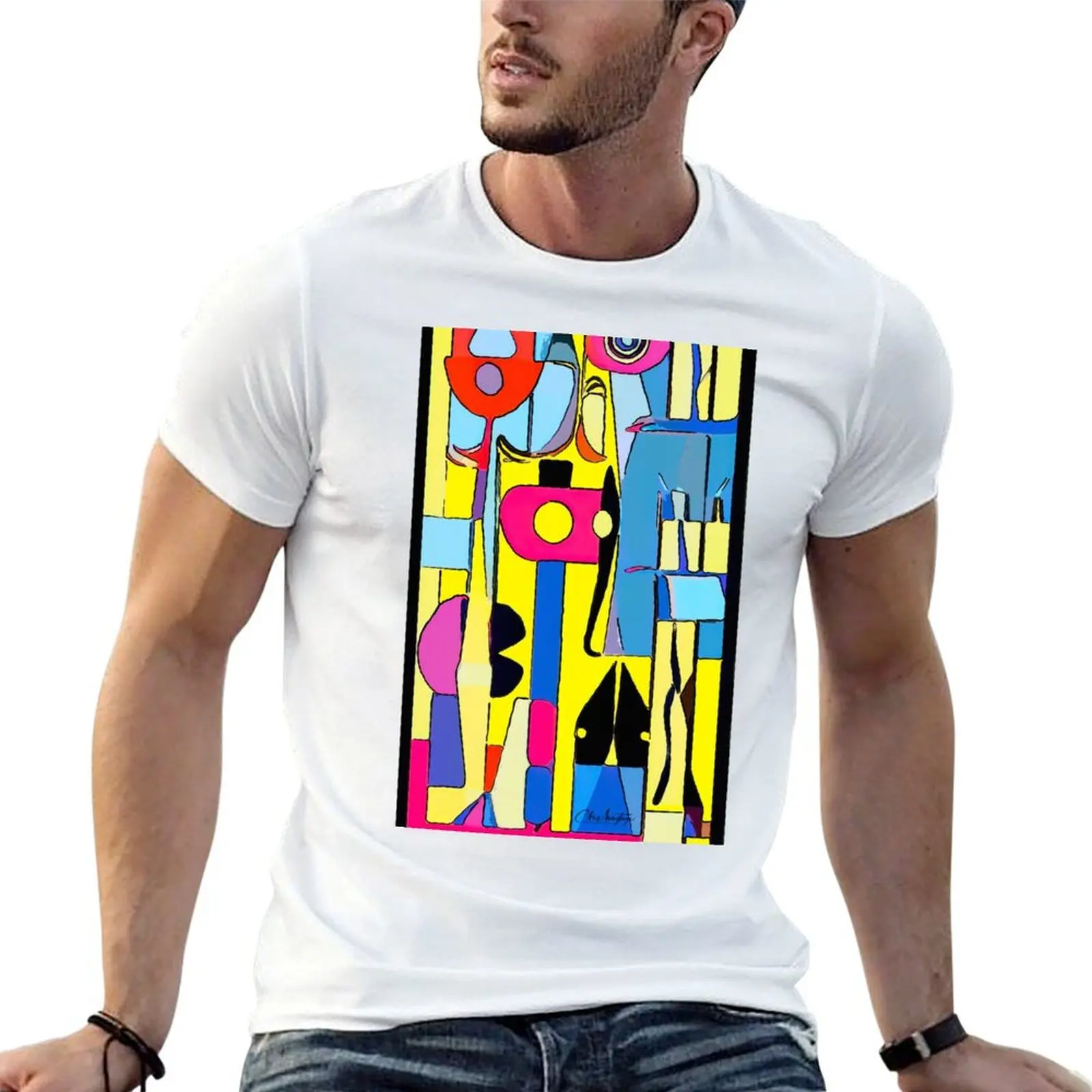 

Abstract in Blue Red and Yellow T-Shirt graphic t shirts for man funny t shirts cotton T-Shirt