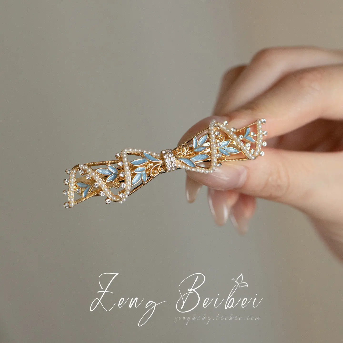 Chinese Style Hanfu Faux Pearl Rhinestone Blue Enamel Leaf Bow Spring Hair Clip Women Elegant Vintage Back Head Half Up Hairstyl