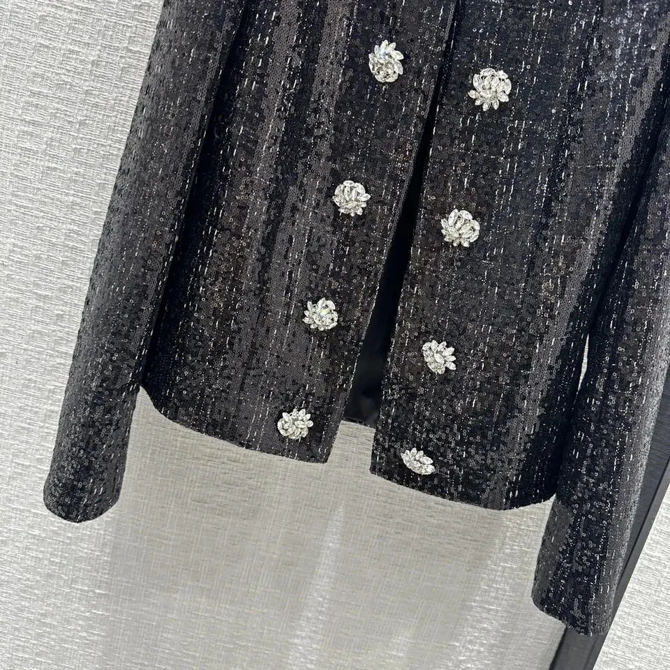 2024 Spring Autumn Luxury Women Sequined Bling Jacket Female Chic Diamonds Button Coat Outerwear